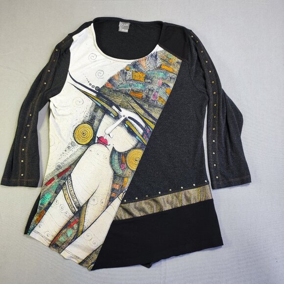 Simply Art by Dolcezza blouse women's size M black with graphic design - Picture 1 of 8